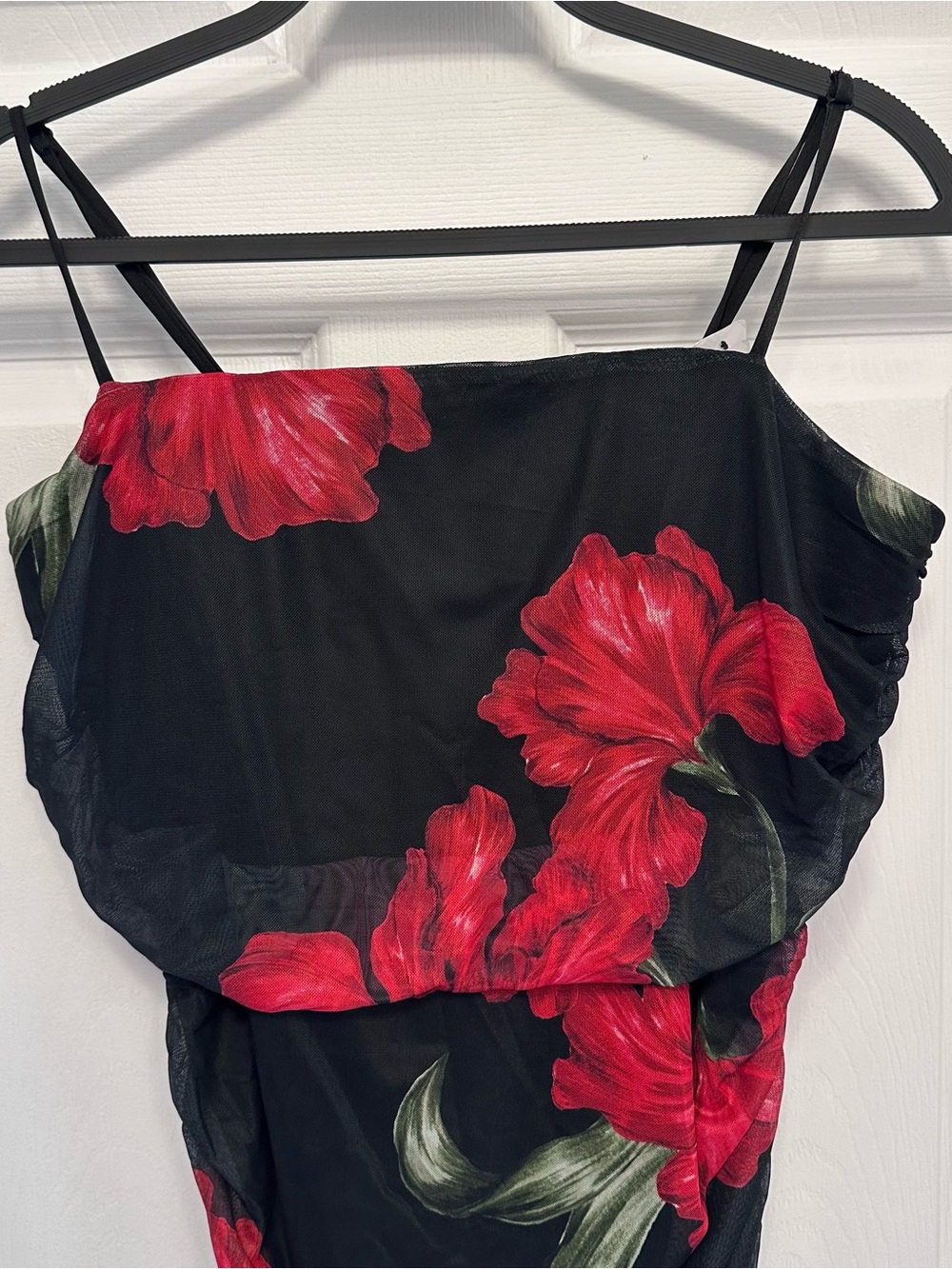 le chateau Black Dress with Red Floral Print Strapless Style